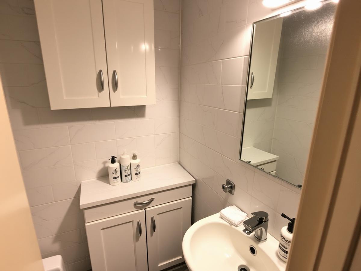 Salle de bain avec covering effet marbre et meuble bois